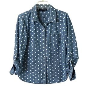 Tommy Hilfiger Button-down Blouse Long Sleeve Denim Blue White Polkadots Size M